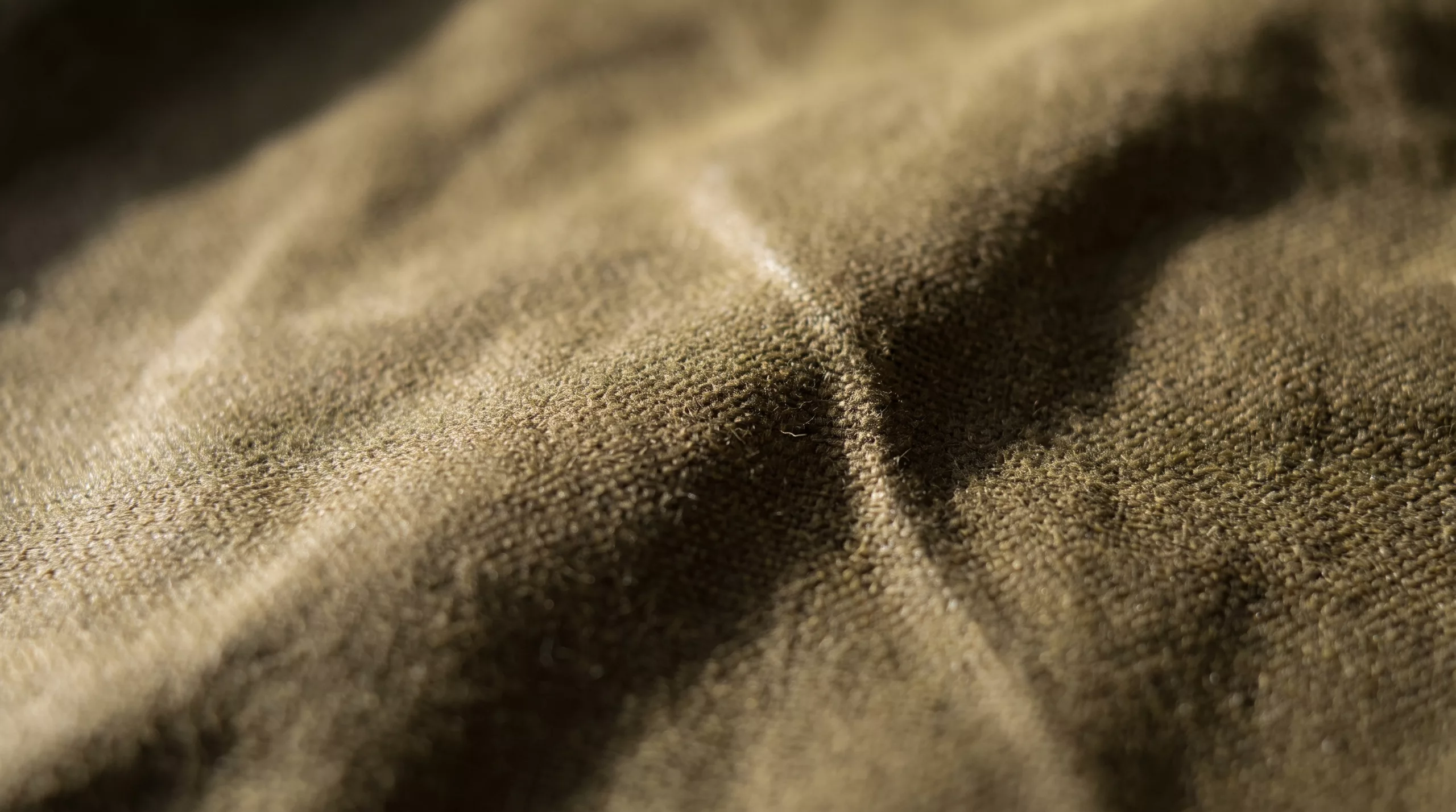 A close photograph of olive cotton twill, the weave and the fold both visible